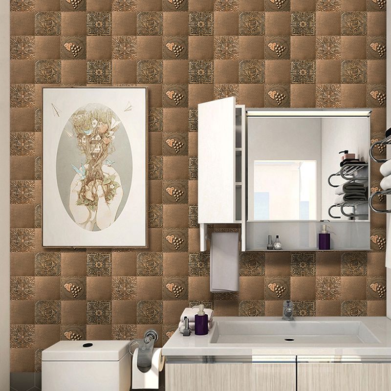 Mosaic Tile Medallion Wallpaper Panels Retro Smooth Adhesive Wall Art in Dark Brown (12 Pcs)