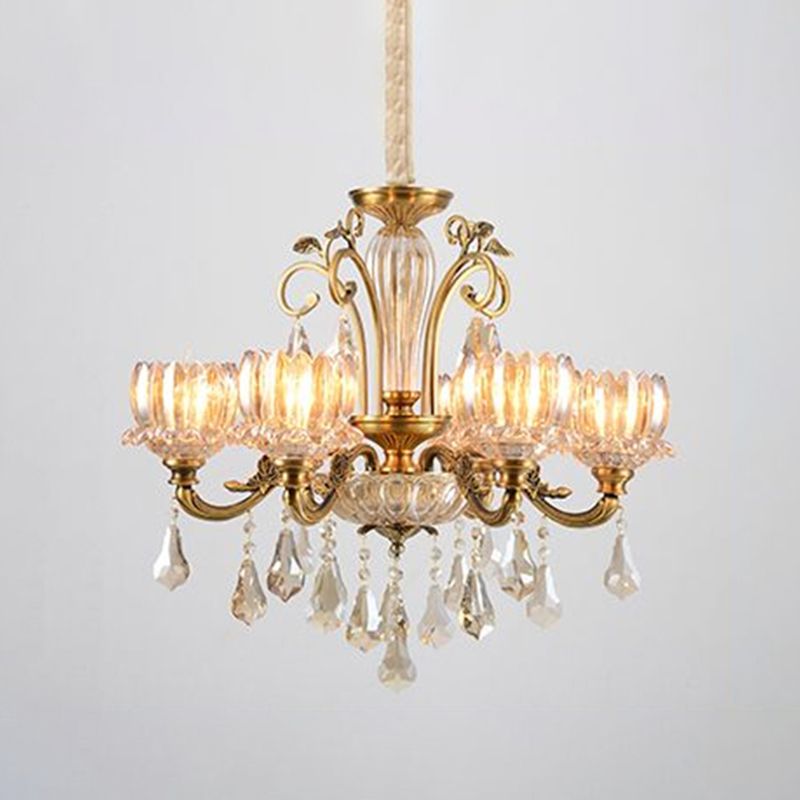 Carved Crystal Hanging Light Antique Gold Finish Lotus Dining Room Ceiling Chandelier