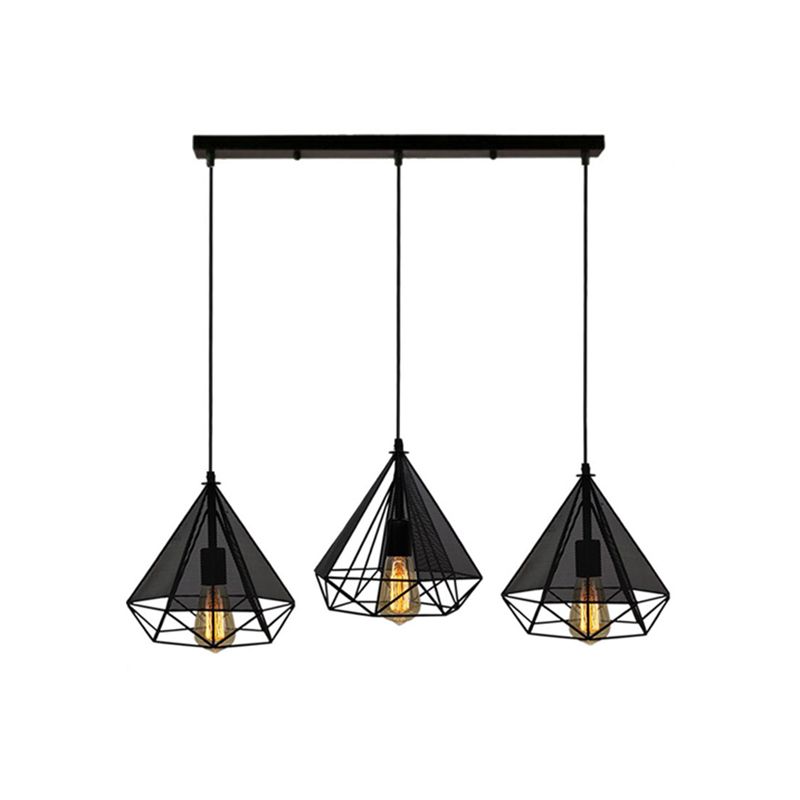 Cage diamante nera Light Hanging Style Retro Metallic 3 teste Sala da pranzo Illuminazione a sospensione con baldacchino rotondo/lineare