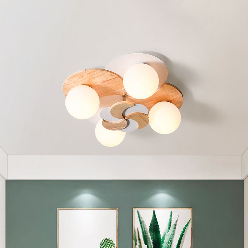 Nordic Windmill Wood Semi-Flush Mount Lighting 4 Bulbs Ceiling Fixture for Bedroom in Green/White