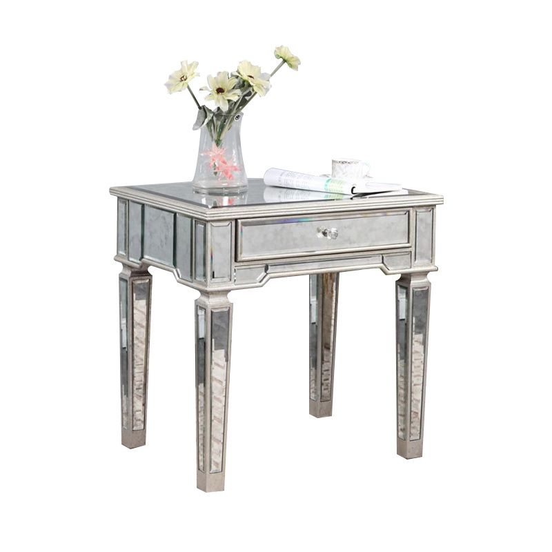 Contemporary Square Glass Top End Table 4 Legs End Table with Drawer
