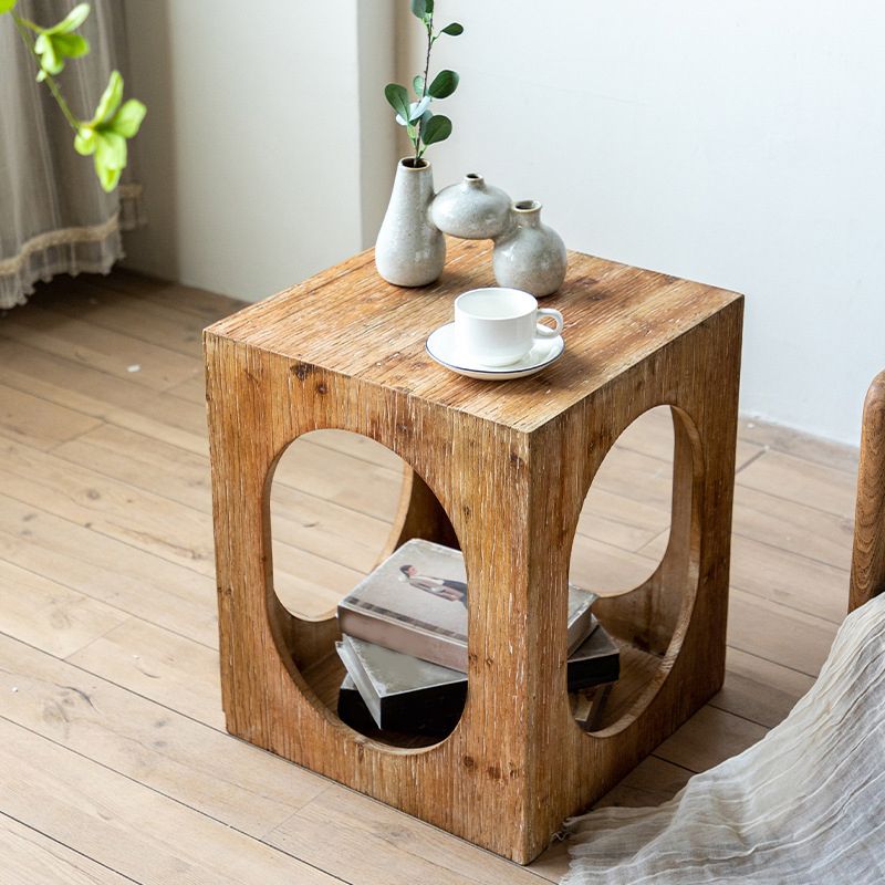 Rustic Square Wooden End Table Natural Drum Sofa Side Accent Table