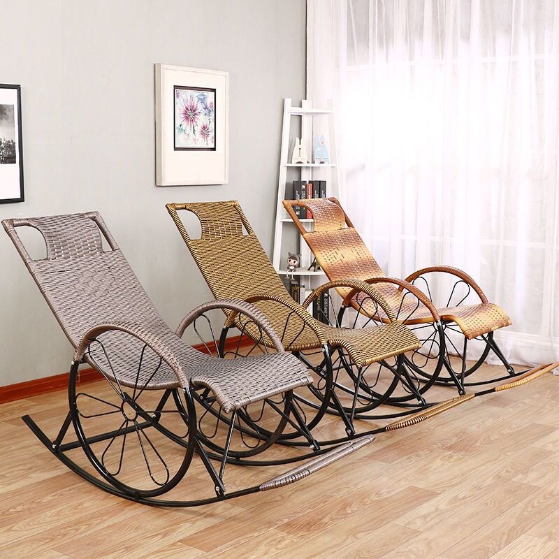 Modern Spindle Wicker Rocking Chair Metal Frame Wheel Handrail Design Rocker Chair