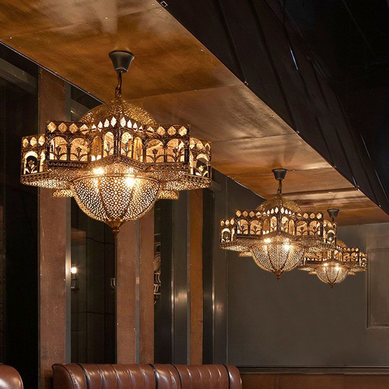 Metallic Hollow out Pendant Light Vintage 8 Bulbs Restaurant Suspension Light Fixture in Bronze