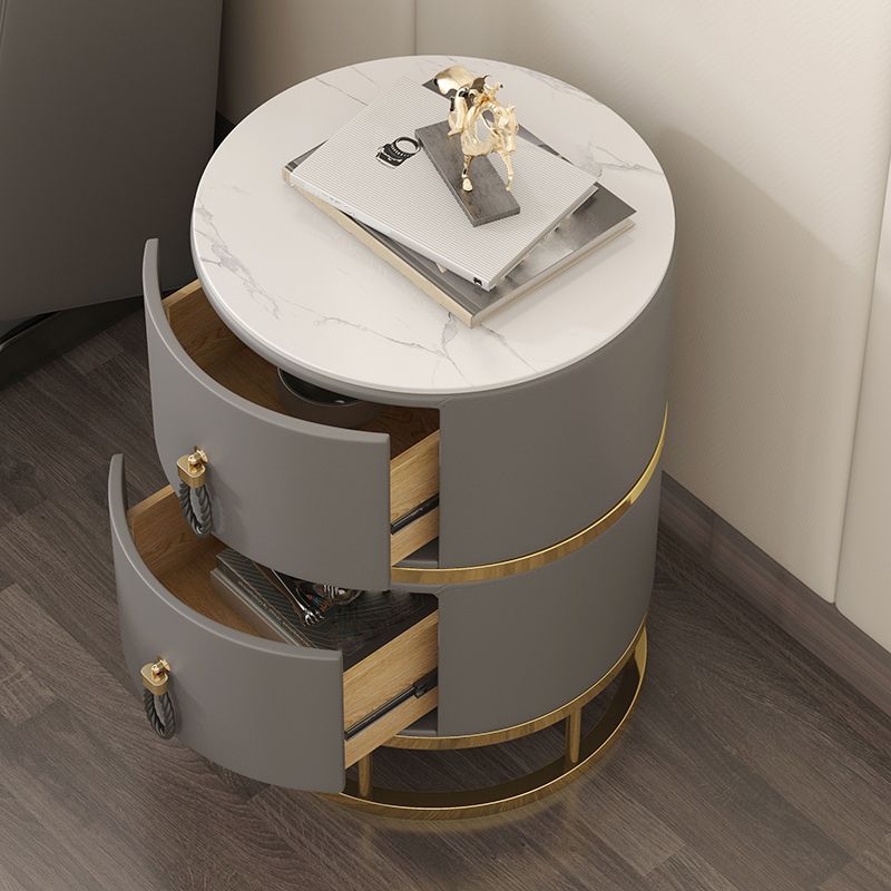 Glam Round Nightstand with 2 Drawers 20" Tall Stone Top Night Table