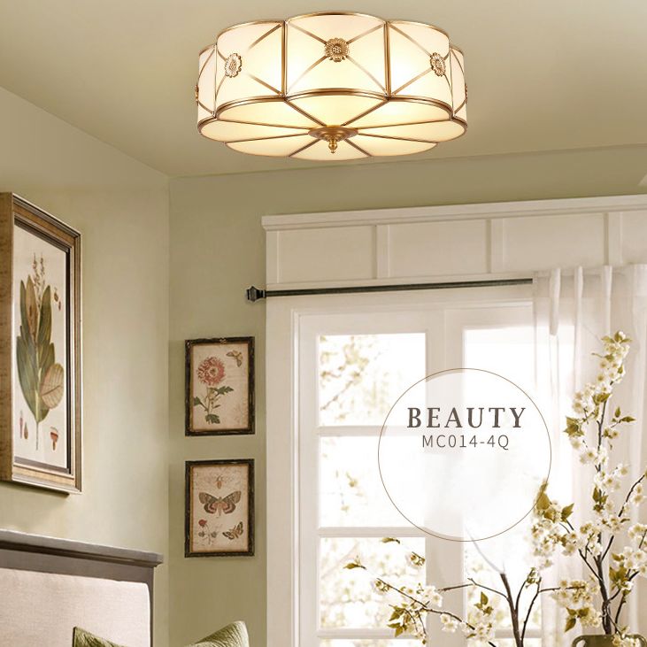 White Frosted Glass Drum Ceiling Light Traditional Rustic Style Brass Lighting Fixture for Bedroom Living Room