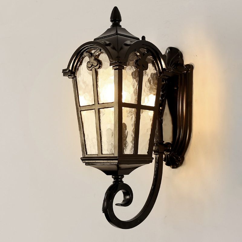 Farmhouse Lantern Sconce Lamp 1-Light Metallic Wall Light Fixture in Black/Brass with Water Glass Shade