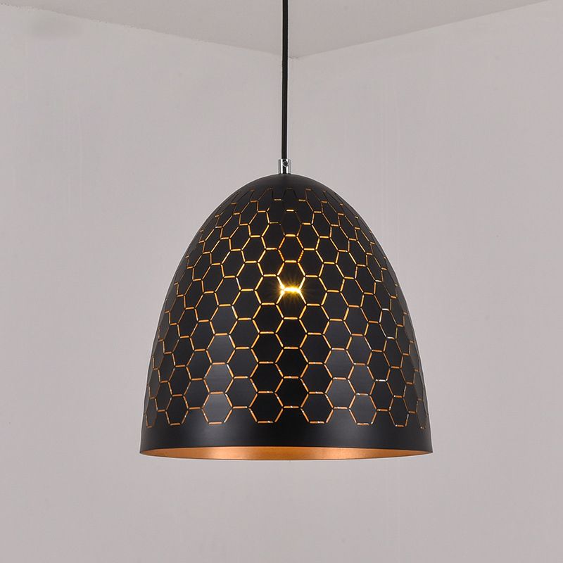 1 Bulb Domed Drop Pendant Factory Black Metal Suspension Light with Honeycomb Pattern, 10"/12"/16" Wide