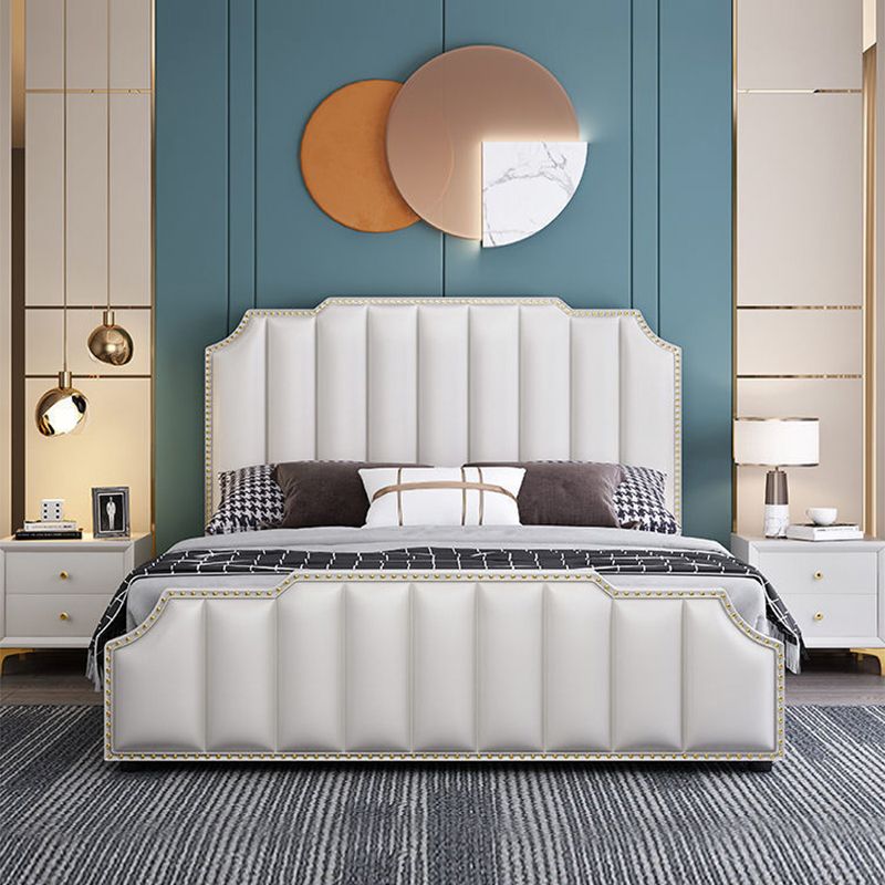 Luxurious Leather Bed Beige Upholstered Bed Frame with Nailhead Trim