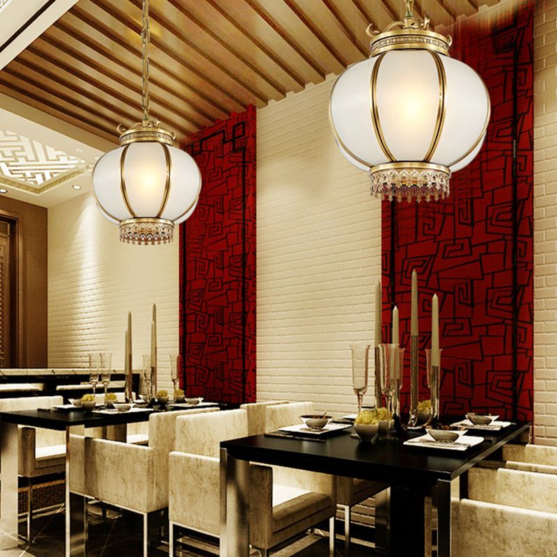 Frosted Glass Lantern Hanging Light Traditional 1 Light Bedroom Drop Pendant in Brass