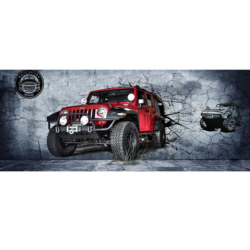 Whole Jeep Wall Art for Coffee Shop Cement Wall Mural in Grey and Red, Stain-Resistant