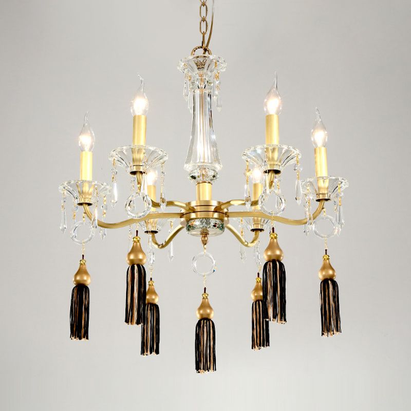 Brass Candlestick Chandelier Lamp Traditional Crystal 6-Light Dining Table Pendant Light with Tassel