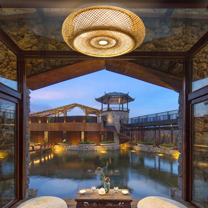 Wooden Circular Ceiling Light in Asian Simplicity Weave Bamboo Flush Mount for Corridor