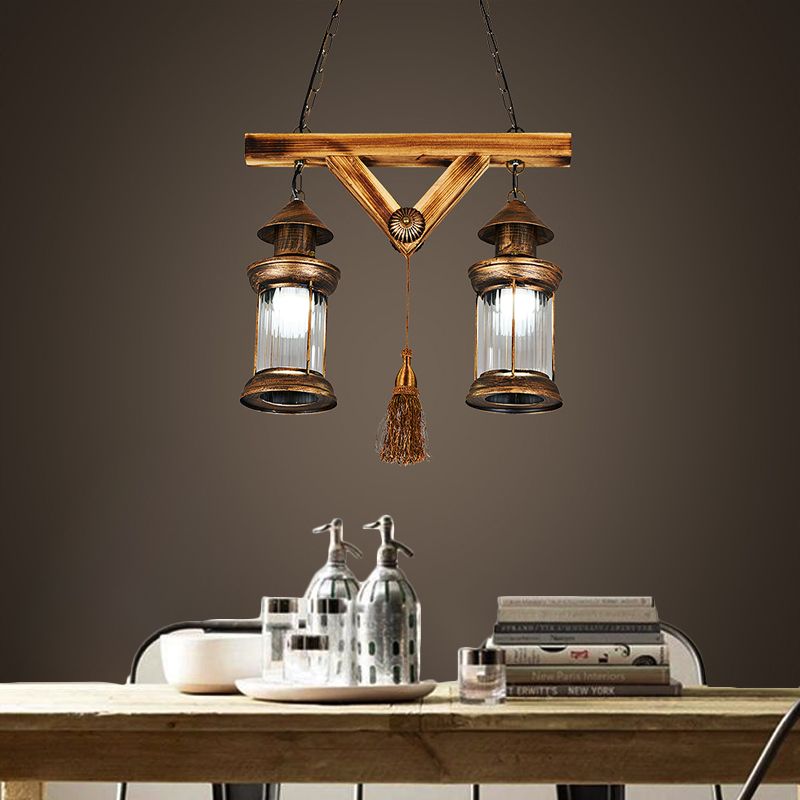 2 Lights Wooden Chandelier Lamp Farmhouse Antique Brass Lantern Porch Down Lighting Pendant