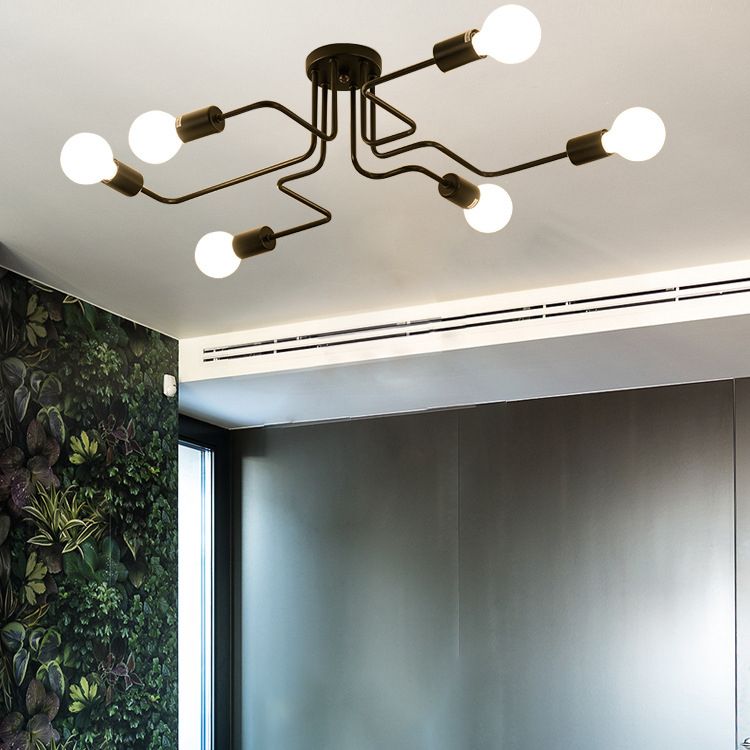 Black Radial Semi Flush Mount in Industrial Creative Style Lacquered Iron Ceiling Fixture