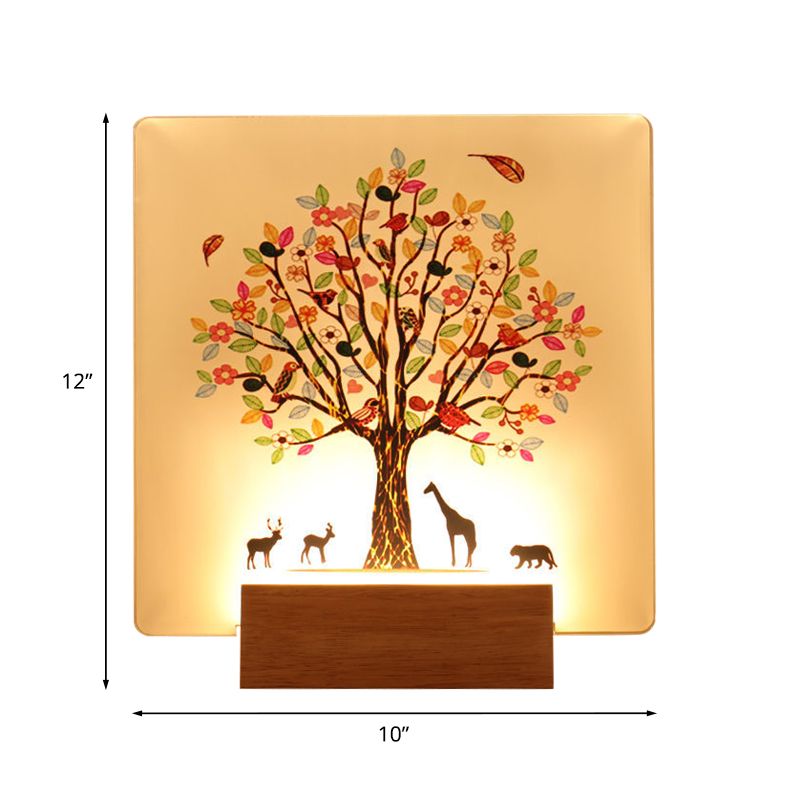 Wood Square Tree and Animal Wall Mural Light Chinese Style LED Acrylic Wall Lighting Fixture