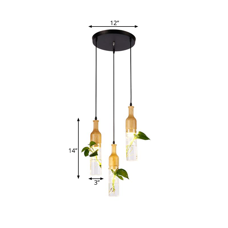 Bottle Restaurant Multi Light Pendant Art Deco Clear Glass 3 Heads Wood Hanging Lamp with Round/Linear Canopy
