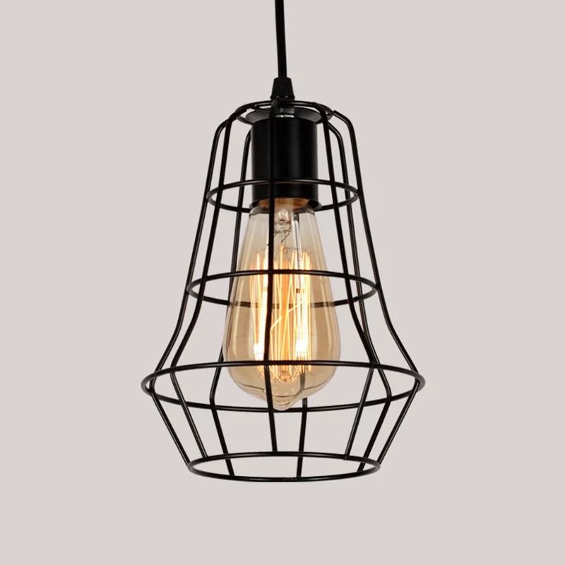 Black Caged Pendant Lighting Industrial Metal 1-Light Restaurant Suspension Light