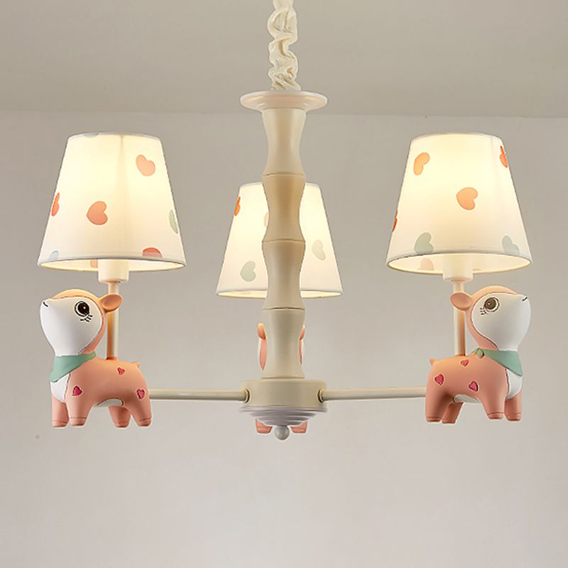Cartoon Empire Shade Suspension Light Patterned Fabric Bedroom Chandelier Light with Resin Deer in Pink