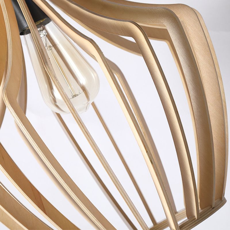 Cage Shaped Wooden Pendant Minimalism 1 Bulb Beige Suspension Lighting for Restaurant