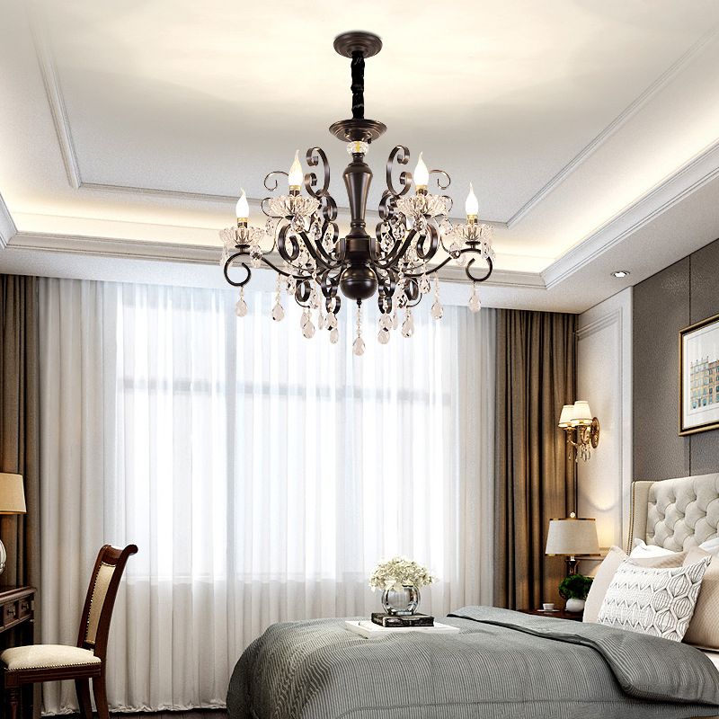Black Chandelier Lamp Vintage Metal Candle Chandelier Lighting Fixtures with Crystal Drop