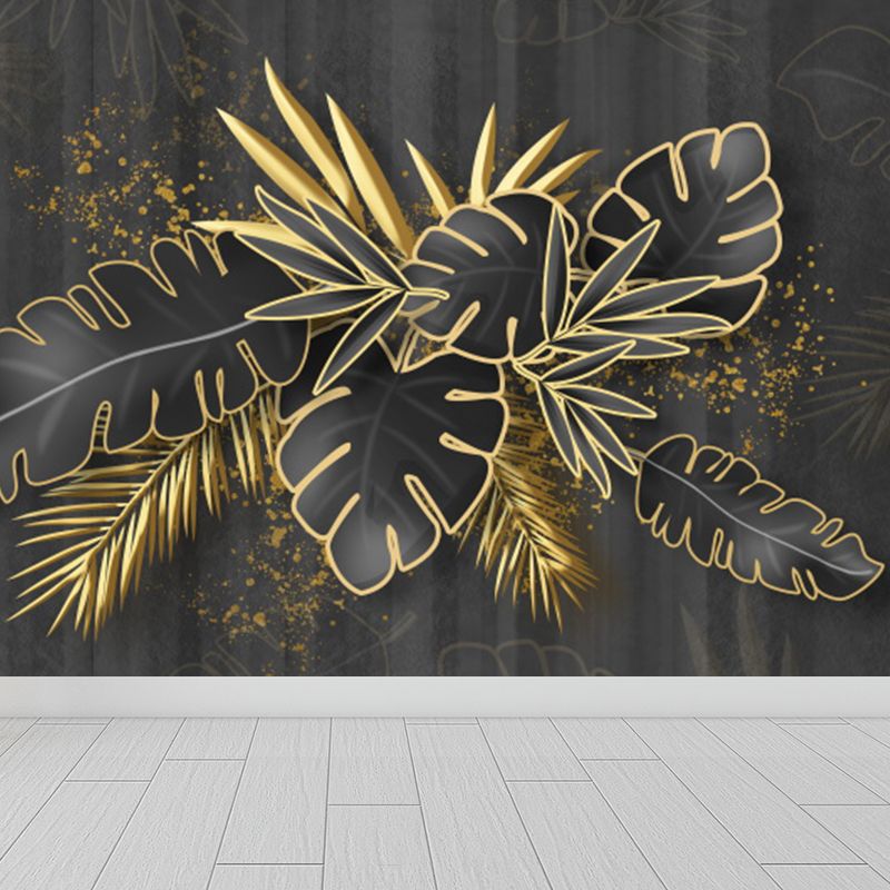 Botanical Leaf Pattern Mural Wallpaper Gold Tropical Wall Covering for Living Room