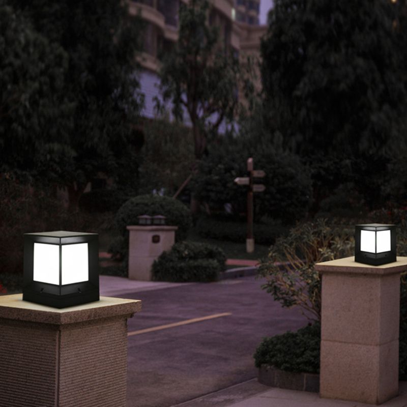 Contemporary Rectangular Outdoor Solar Pillar Lamp in Black for Courtyard