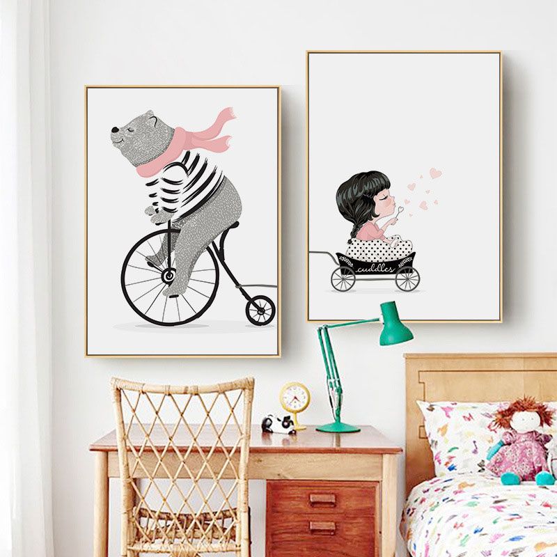 White Bear and Girl Canvas Art Decorative Cartoon for Playroom Painting, Multiple Sizes
