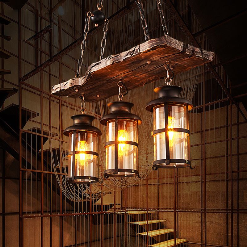 Industrial Style Island Light 3 Lights Lantern Shape Wooden Island Pendant Lamp for Bar Restaurant