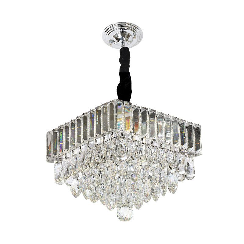 LED Clear Crystal Block Suspension Pendant Modern Black Tiered Square Dining Room Pendulum Light