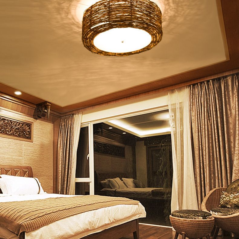 Luminaire de plafond encastré en rotin asiatique, tambour marron pour salle à manger