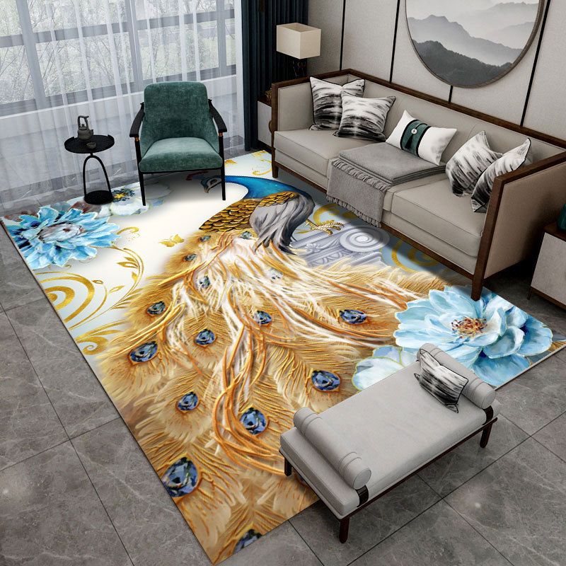 Contemporary Indoor Rug Gorgeous Peacock Pattern Rug Polyster Washable Area Rug for Living Room
