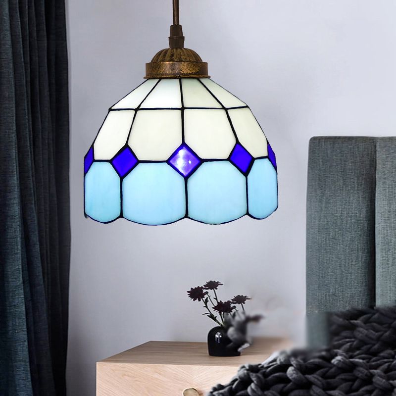 Single-Bulb Ceiling Light Vintage Scalloped Dome Stained Glass Hanging Pendant Light