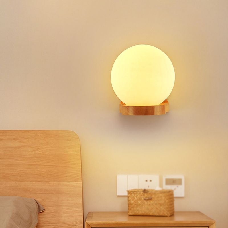 Nordic Wood Wall Light Globe 5.5" Wide Wall Sconce with White Glass for Bedroom