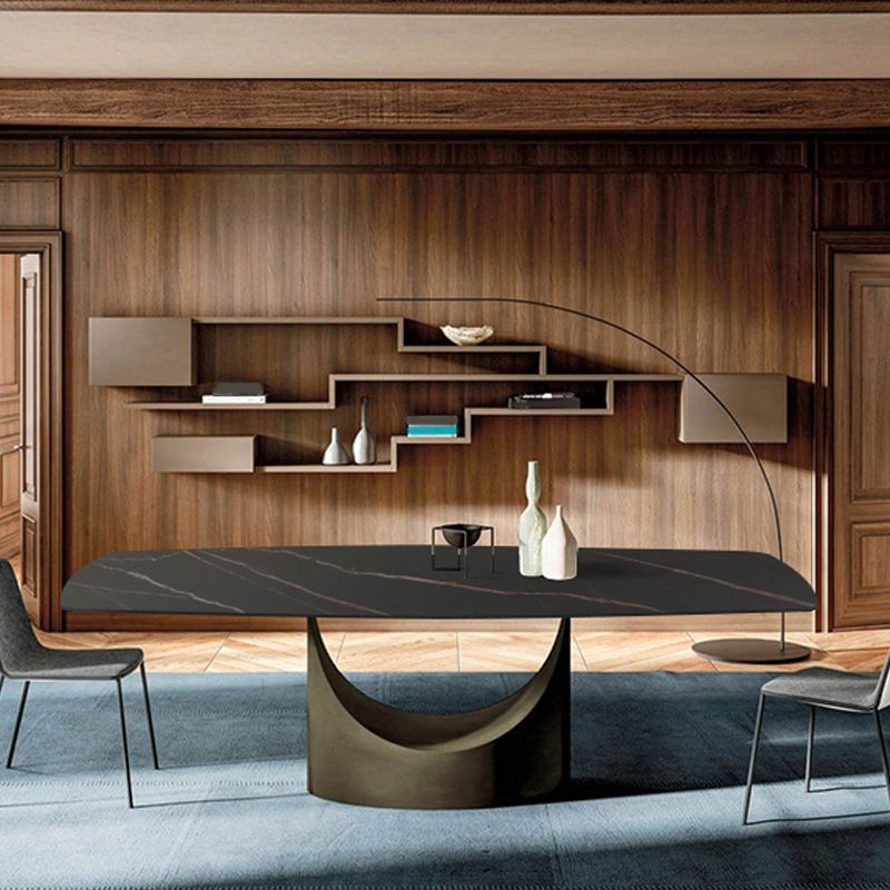 Modern Rectangle Dining Table Sintered Stone Table with Metal Legs for Kitchen