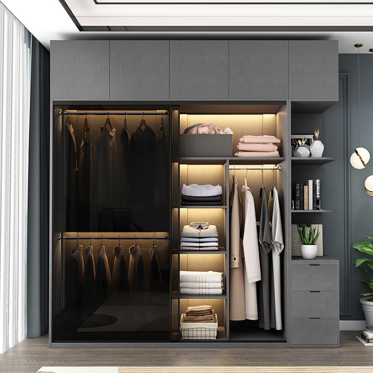 Glass and Wood Wardrobe Cabinet with Drawer Grey Wardrobe Closet