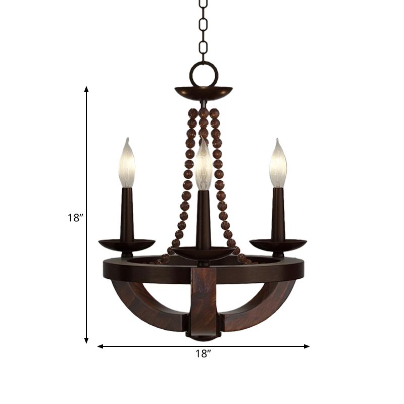 Luz de araña del imperio de bulbo marrón abierto estilo tradicional 3 cabezas de madera lámpara colgante con cuentas deco