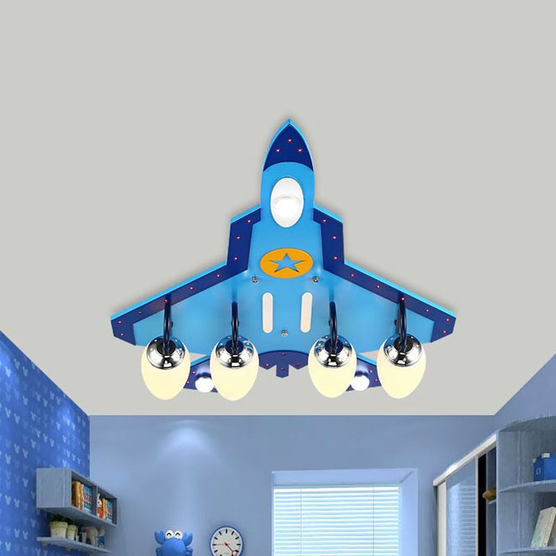 Kid Bedroom Fighter Plane Flush Mount Ceiling Light Metal 4 Bulbs Cartoon Blue Ceiling Light