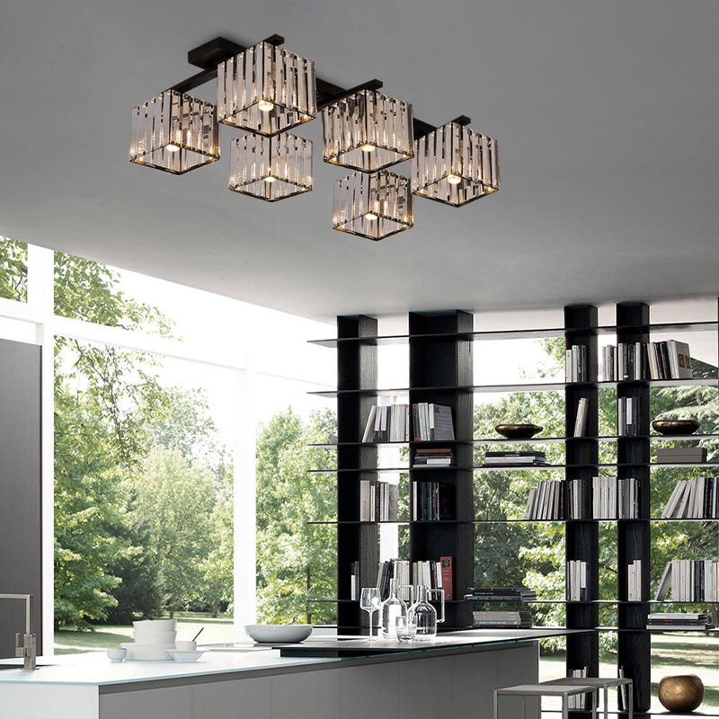 Accesorio de techo para sala de estar, barra de cristal de tres lados, cuadrado moderno, semiempotrado, 4/6/9 luces, en dorado/negro