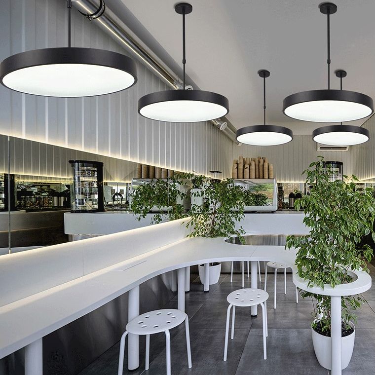 Adjustable Height Round Suspension Lamp Modern Metal Office LED Pendant Light in Black