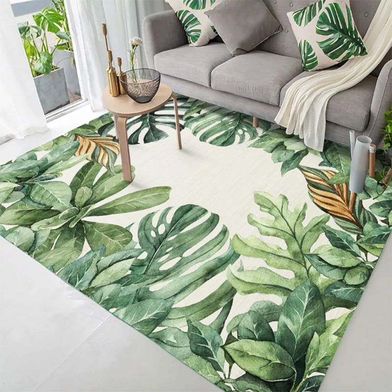 Green Tone Tropical Indoor Rug Polyester Leaves Print Rug Non-Slip Backing Indoor Rug for Living Room