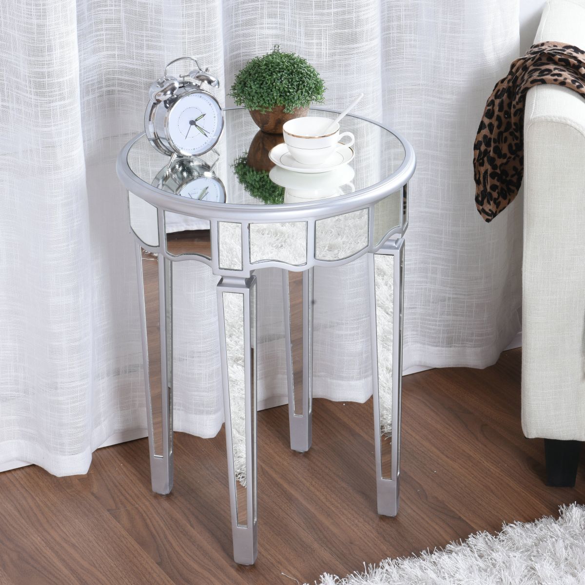 Round Glass Top Side End Table Modernistic Solid Wood 4 Legs End Table