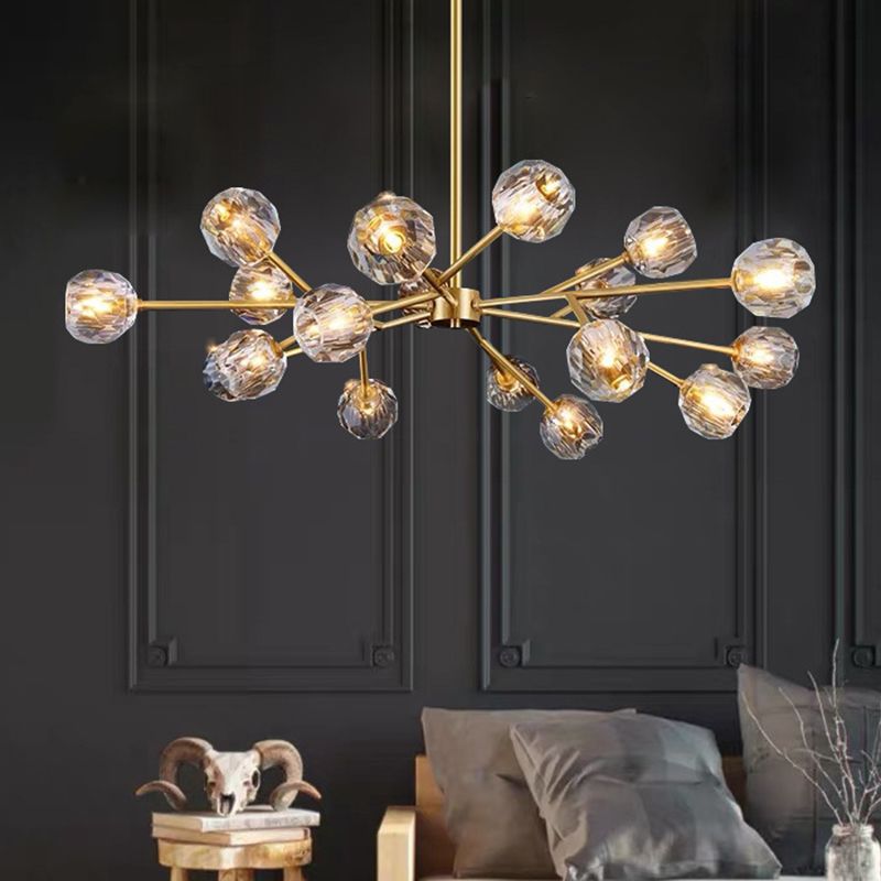Branch Living Room Suspension Light Metal Artistic Chandelier Light with Faceted Crystal Shade in Gold
