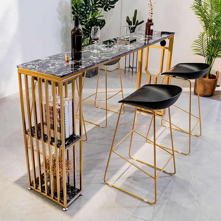 Faux Marble Bistro Table 2-shelf Rectangle Bar Height Cocktail Table with Metal Base