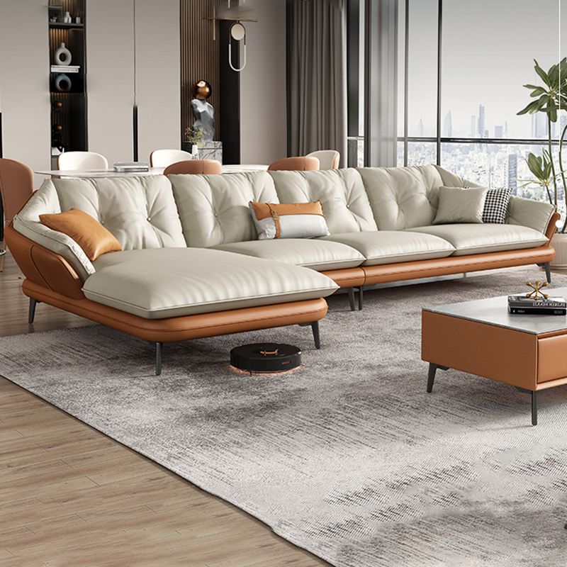 Tufted Genuine Leather Sectionals Flared Arm Beige Cushions Sectional Sofa