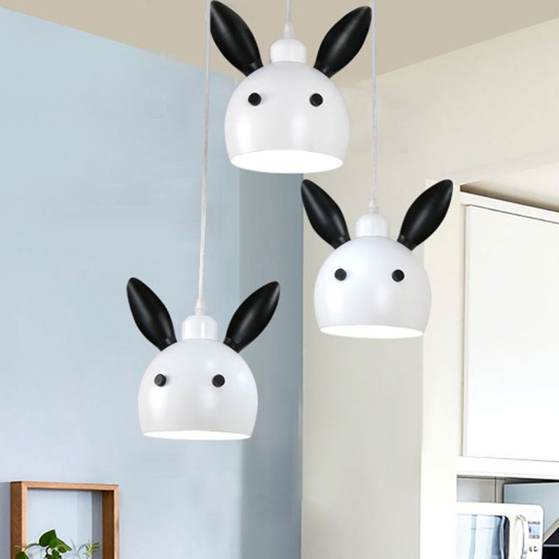 Rabbit Head Shape Down Lighting Cartoon Metallic 1-Head Bedside Pendulum Lamp in White and Black