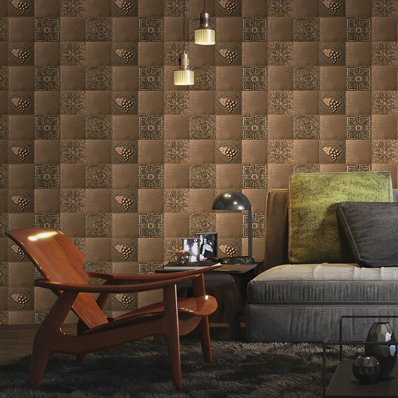 Mosaic Tile Medallion Wallpaper Panels Retro Smooth Adhesive Wall Art in Dark Brown (12 Pcs)