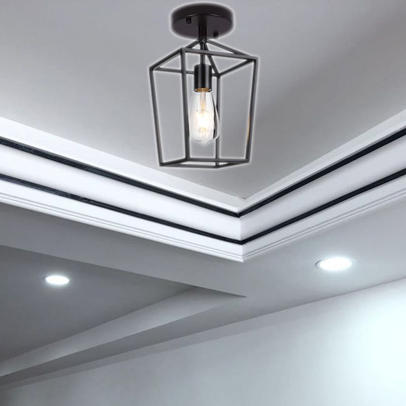 Single Bulb Iron Frame Ceiling Light Industrial Vintage Style Mini Flush-mount Lighting Fixture in Black