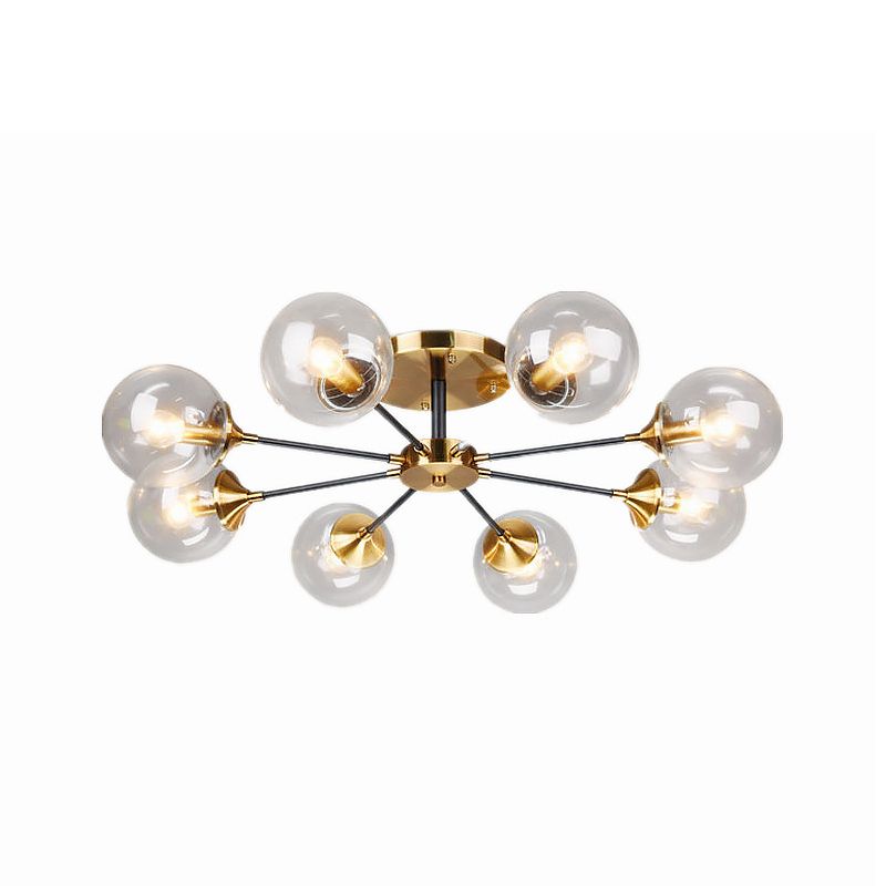 8 Heads Living Room Semi Flush Mount Modernism Brass Flush Light Fixture with Ball Clear Glass Shade