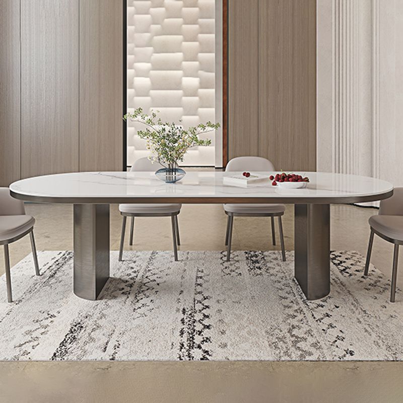Oval Sintered Stone Dining Table Modern Table in White with Double Pedestal